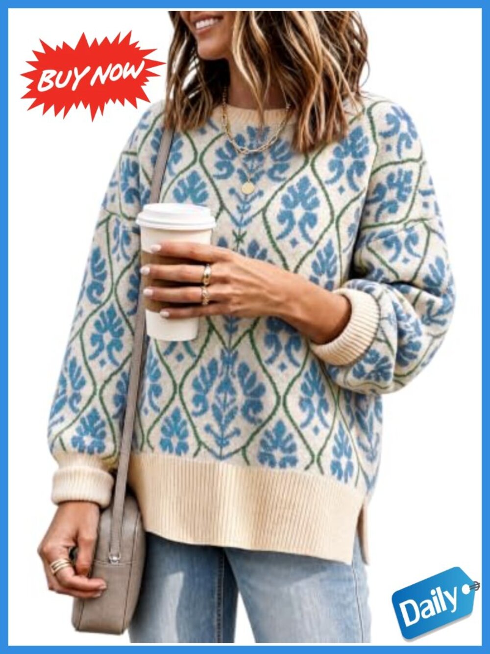 Women's Oversized Floral Ribbed Knit Crew Neck Pullover Sweater Long Sleeve